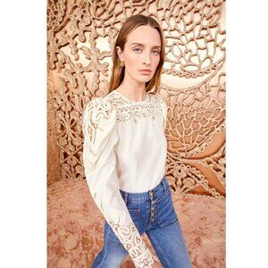 Ulla Johnson Aura Openwork Embroidered Cotton Silk Blouse Pearl Ivory Size 2